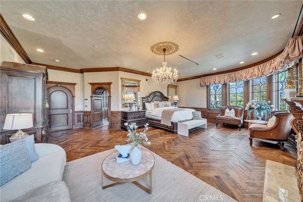 Bedroom, Chandelier, Interior, Recessed Lighting, Wood Texture Flooring