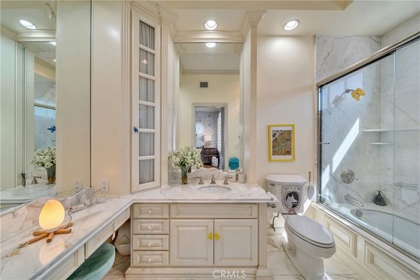 Bathroom, Glass Shower, Interior, Marble, Marble Walls, Recessed Lighting