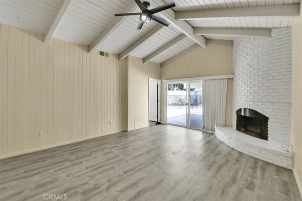 Empty room, Fireplace, Interior, Stone Walls, Wood Texture Flooring
