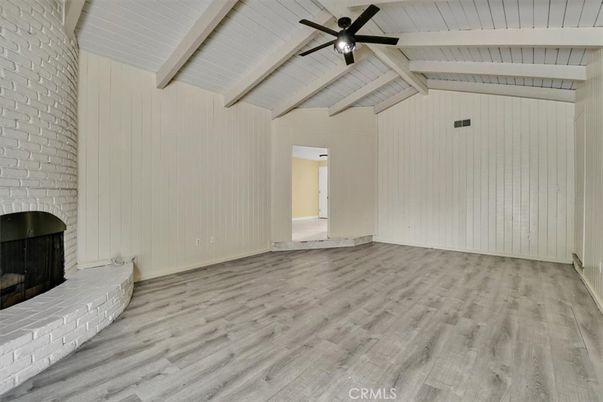 Empty room, Fireplace, Interior, Stone Walls, Wood Texture Flooring