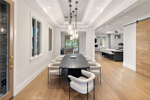Dining room, Interior, Kitchen, Pendant Lights, Recessed Lighting, Wood Texture Flooring