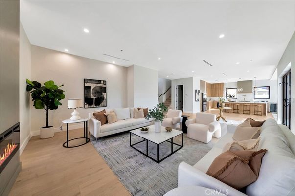 Fireplace, Interior, Kitchen, Living room, Pendant Lights, Recessed Lighting, Wood Texture Flooring