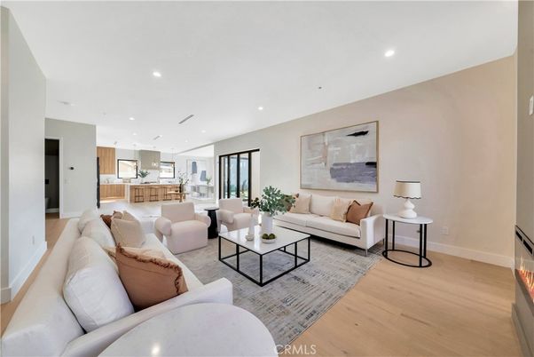 Fireplace, Interior, Kitchen, Living room, Pendant Lights, Recessed Lighting, Wood Texture Flooring