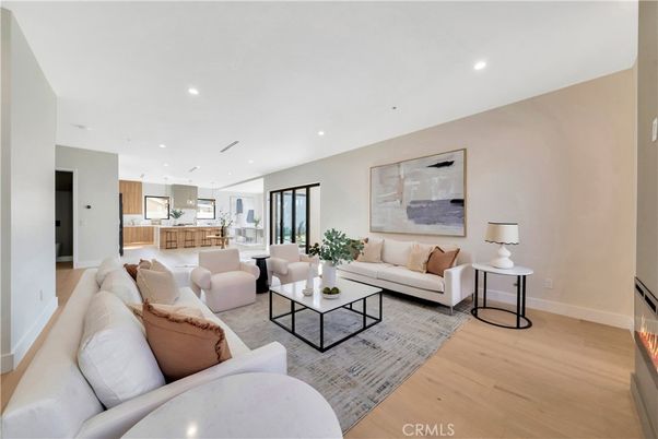 Fireplace, Interior, Kitchen, Living room, Pendant Lights, Recessed Lighting, Wood Texture Flooring