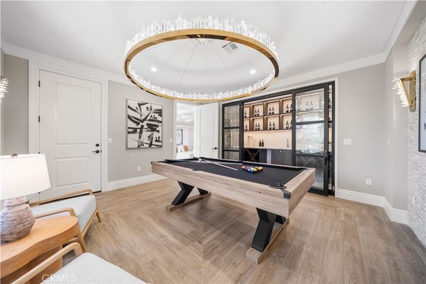 Billiard Table, Game Room, Interior, Pendant Lights, Recessed Lighting, Wood Texture Flooring