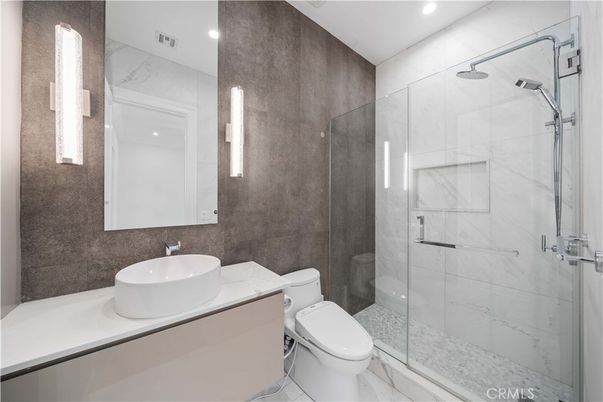 Bathroom, Glass Shower, Interior, Marble, Marble Walls, Recessed Lighting