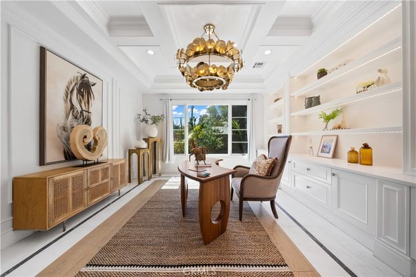 Chandelier, Home Office, Interior, Recessed Lighting, Wood Texture Flooring