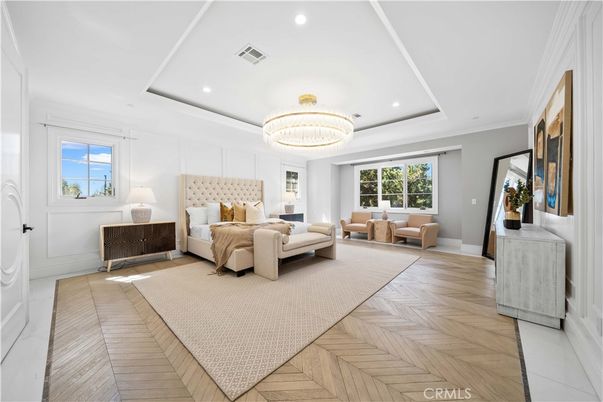 Bedroom, Chandelier, Interior, Recessed Lighting, Wood Texture Flooring