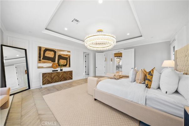 Bedroom, Chandelier, Interior, Recessed Lighting, Wood Texture Flooring