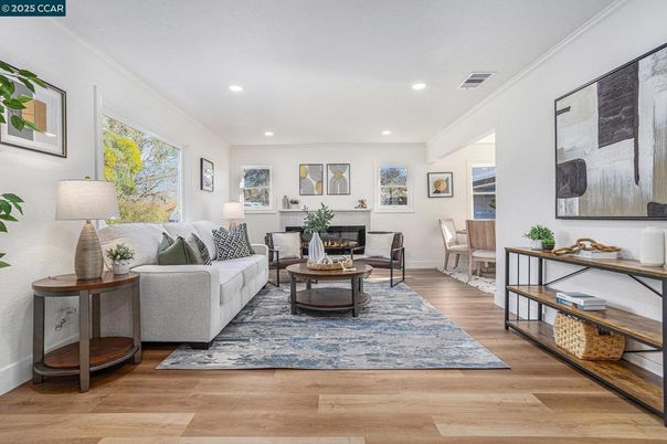 Fireplace, Interior, Living room, Recessed Lighting, Wood Texture Flooring