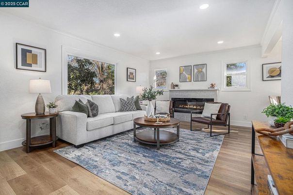 Fireplace, Interior, Living room, Recessed Lighting, Wood Texture Flooring