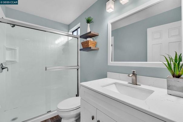 Bathroom, Glass Shower, Interior, Wood Texture Flooring