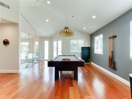 Billiard Table, Game Room, Interior, Pendant Lights, Recessed Lighting, Wood Texture Flooring