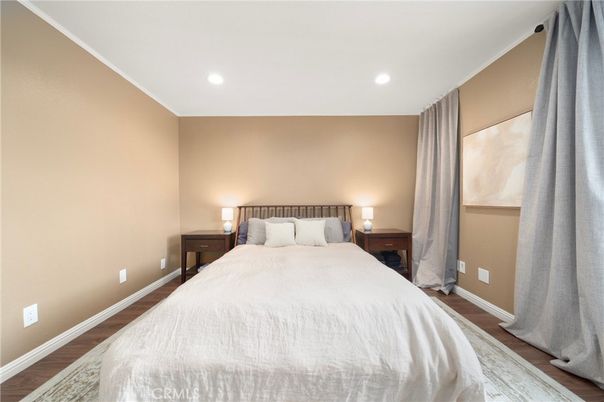 Bedroom, Interior, Recessed Lighting, Wood Texture Flooring