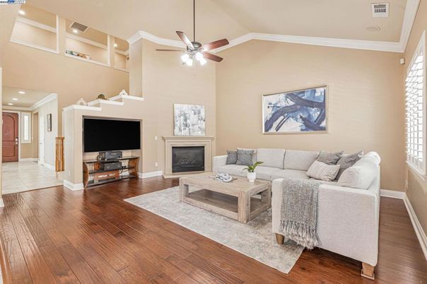 Fireplace, Interior, Living room, Recessed Lighting, Wood Texture Flooring
