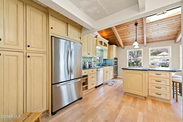 Interior, Kitchen, Pendant Lights, Stainless Steel Appliances, Wooden Beams, Wooden Ceilings, Wood Texture Flooring