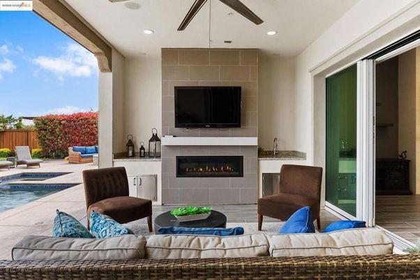 Fireplace, Interior, Living room, Pool, Recessed Lighting