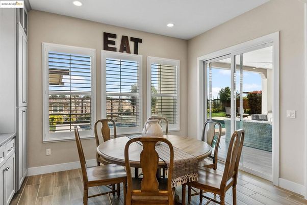 Dining room, Interior, Recessed Lighting, Wood Texture Flooring