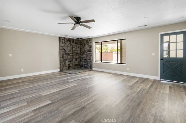 Empty room, Fireplace, Interior, Stone Walls, Wood Texture Flooring