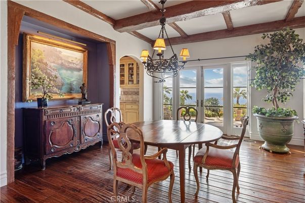 Chandelier, Dining room, Interior, Water, Wooden Beams, Wood Texture Flooring
