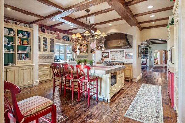 Chandelier, Dining room, Interior, Kitchen, Recessed Lighting, Water, Wooden Beams, Wood Texture Flooring