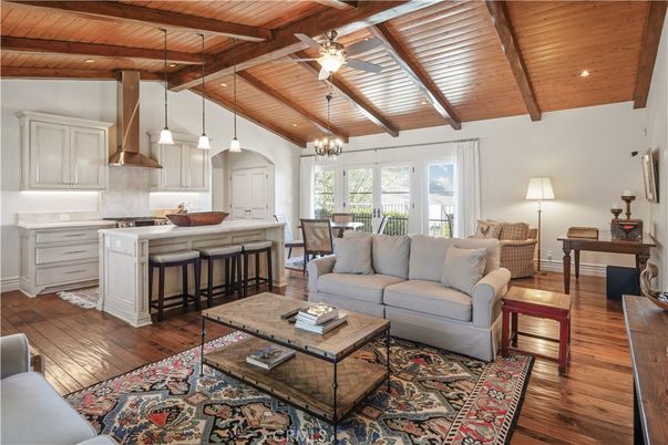 Dining room, Interior, Kitchen, Living room, Pendant Lights, Recessed Lighting, Wooden Beams, Wooden Ceilings, Wood Texture Flooring