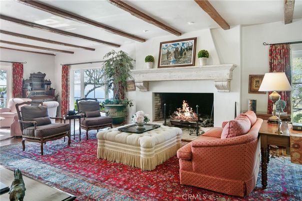 Fireplace, Interior, Living room, Recessed Lighting, Wooden Beams