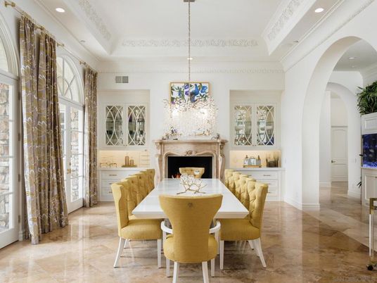 Chandelier, Dining room, Fireplace, Interior, Recessed Lighting