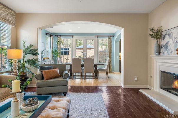 Dining room, Fireplace, Interior, Living room, Recessed Lighting, Wood Texture Flooring