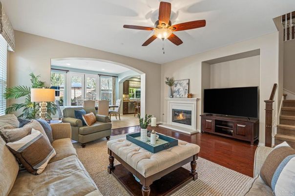 Dining room, Fireplace, Interior, Living room, Recessed Lighting, Wood Texture Flooring
