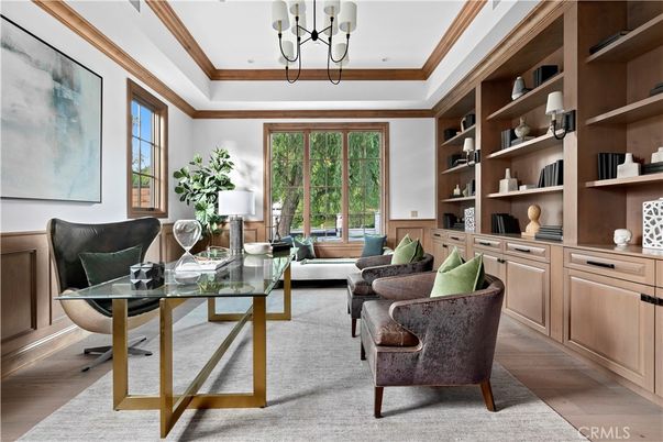 Chandelier, Home Office, Interior, Recessed Lighting, Wood Texture Flooring