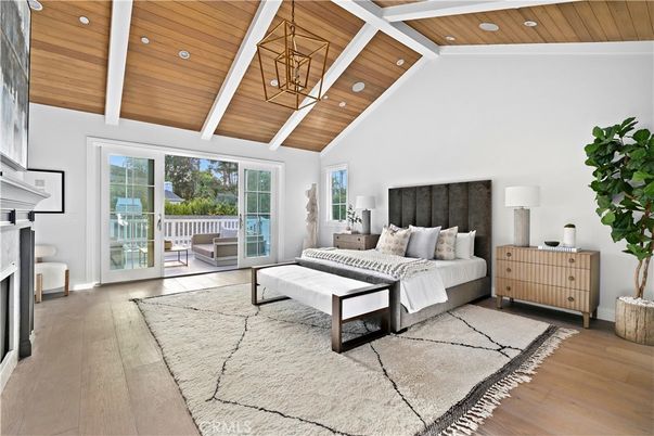 Bedroom, Fireplace, Interior, Recessed Lighting, Wooden Ceilings, Wood Texture Flooring