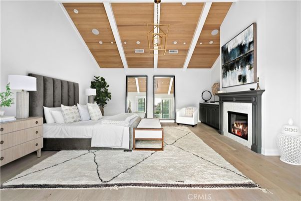 Bedroom, Fireplace, Interior, Pendant Lights, Recessed Lighting, Wooden Ceilings, Wood Texture Flooring