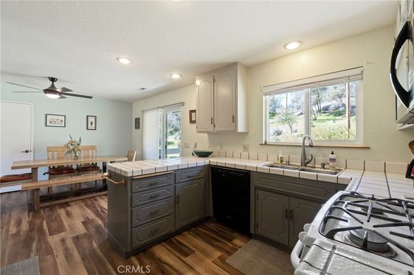 Dining room, Interior, Kitchen, Recessed Lighting, Tile Countertops, Wood Texture Flooring