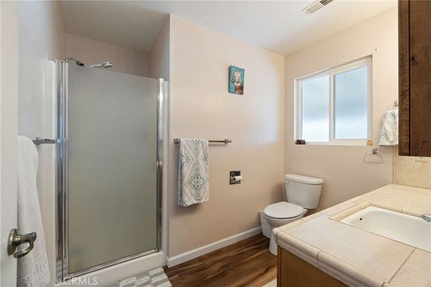 Bathroom, Glass Shower, Interior, Tile Countertops, Wood Texture Flooring