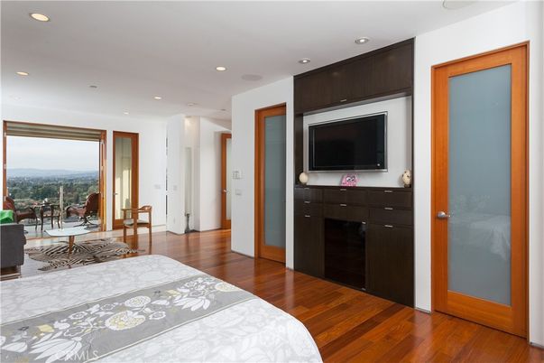 Bedroom, Fireplace, Interior, Living room, Recessed Lighting, Wood Texture Flooring