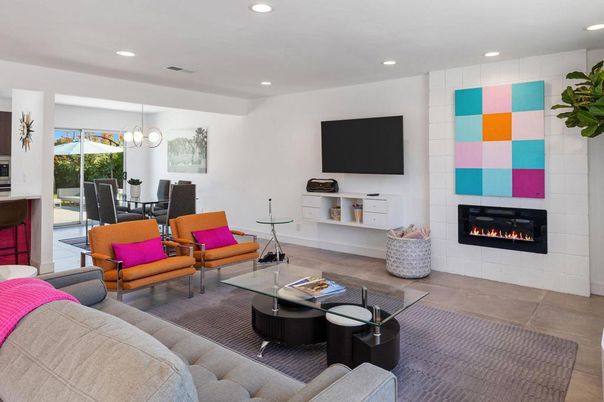 Dining room, Fireplace, Interior, Living room, Pendant Lights, Recessed Lighting