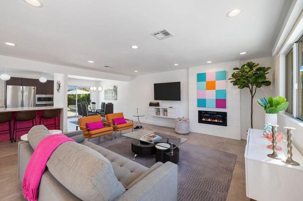 Dining room, Fireplace, Interior, Kitchen, Living room, Pendant Lights, Recessed Lighting, Stainless Steel Appliances
