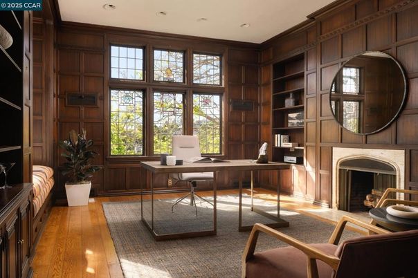 Fireplace, Home Office, Interior, Recessed Lighting, Wood Texture Flooring, Wooden Walls