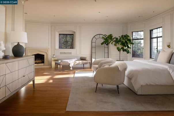 Bedroom, Fireplace, Interior, Recessed Lighting, Wood Texture Flooring