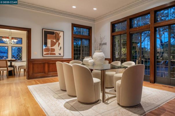 Dining room, Interior, Pendant Lights, Recessed Lighting, Wood Texture Flooring