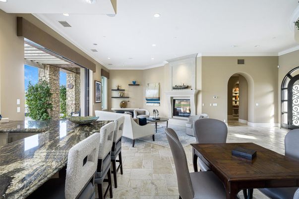 Dining room, Fireplace, Interior, Living room, Recessed Lighting