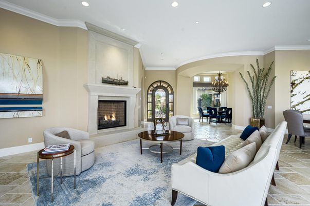 Chandelier, Dining room, Fireplace, Interior, Living room, Recessed Lighting