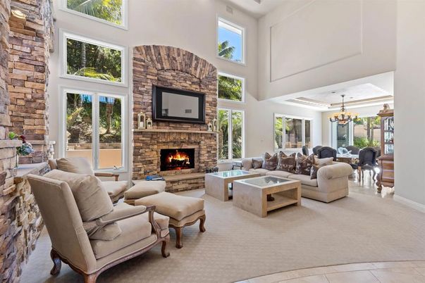 Chandelier, Dining room, Fireplace, Interior, Living room, Stone Walls