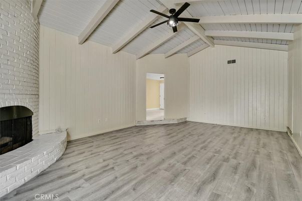 Empty room, Fireplace, Interior, Stone Walls, Wood Texture Flooring