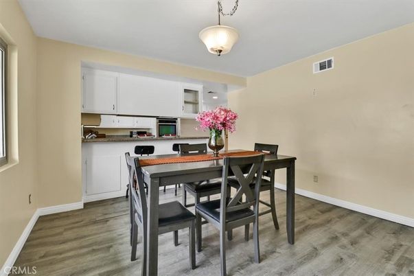 Dining room, Interior, Kitchen, Pendant Lights, Wood Texture Flooring
