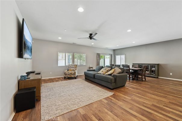 Dining room, Interior, Living room, Recessed Lighting, Wood Texture Flooring