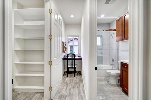 Bathroom, Glass Shower, Interior, Recessed Lighting, Wood Texture Flooring