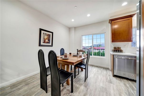 Dining room, Interior, Recessed Lighting, Wood Texture Flooring