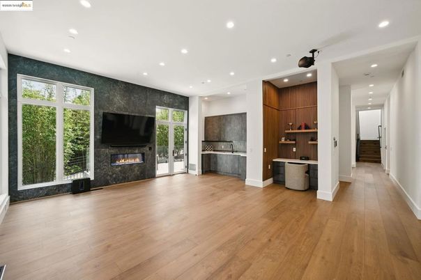 Empty room, Fireplace, Interior, Recessed Lighting, Wood Texture Flooring